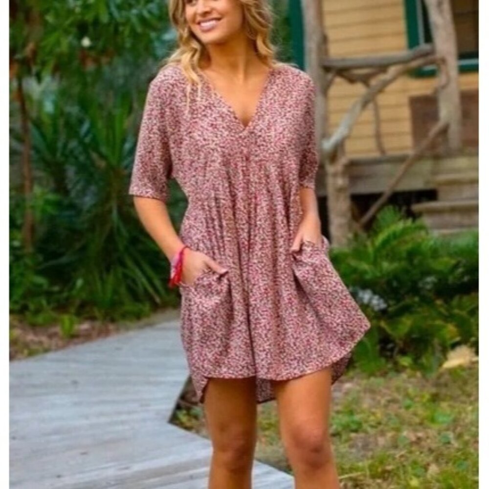 Casual V-Neck Pink Floral Swing Dress with Pockets